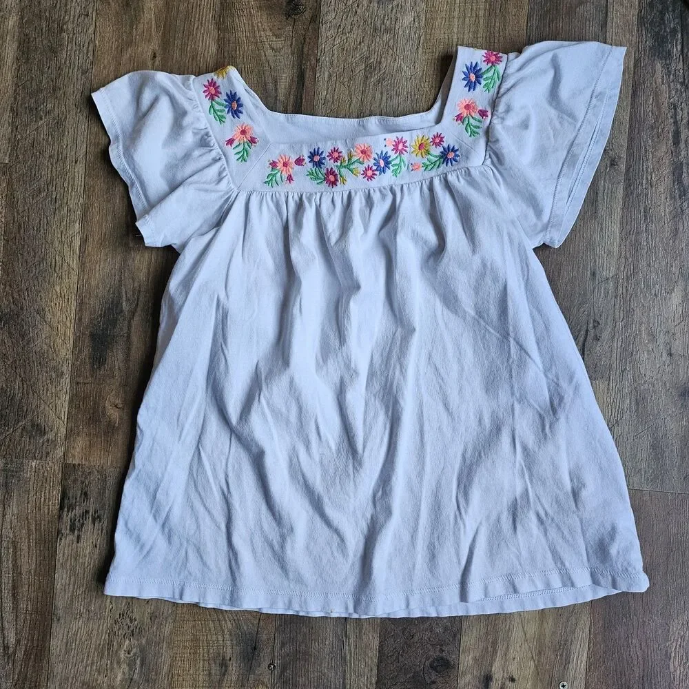 Crewcuts Embroidered Floral Peasant Top White Flutter Sleeve Kids 14 Flaws